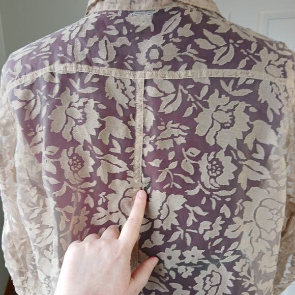 Notations Sheer Tan Floral Mesh Blouse 1X NEEDS REPAIR button down summer cover - Picture 13 of 14